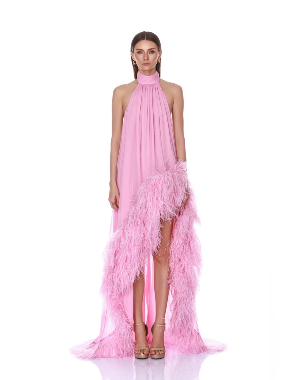 NWOT BRONX BANCO Madeline Halterneck Baby Pink Gown with feather, wedding guest